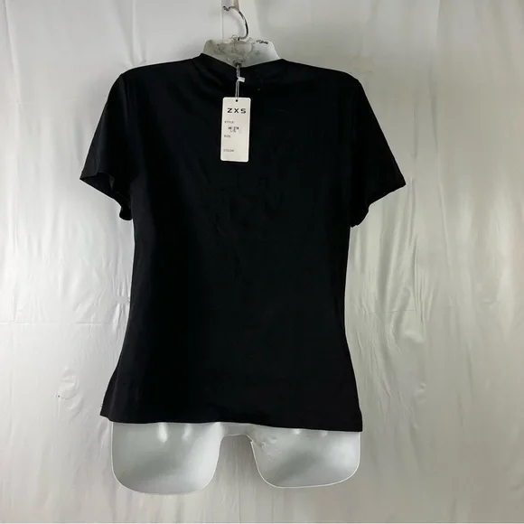 Women's Rhinestone Fitted short sleeve stretch black blouse size large - Picture 3 of 11